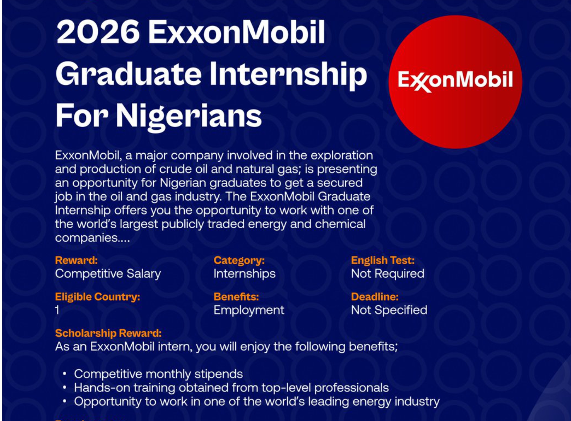 Exxonmobil Graduate Internship for Nigerians